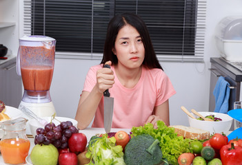 Sticker - depressed woman cooking with knife in kitchen room