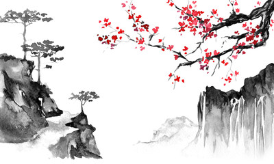 Plakat natura japoński góra wiśnia azjatycki