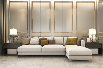 3d rendering nice soft sofa near luxury golden decor