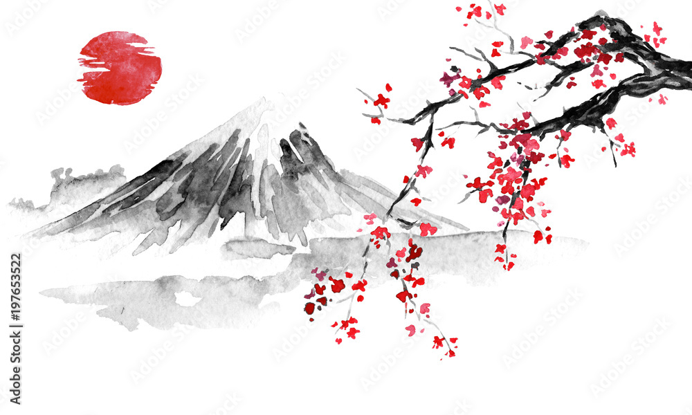 Japan traditional sumi-e painting. Indian ink illustration. Japanese picture. Sakura, sun and mountain - obrazy, fototapety, plakaty 