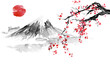 canvas print picture - Japan traditional sumi-e painting. Indian ink illustration. Japanese picture. Sakura, sun and mountain