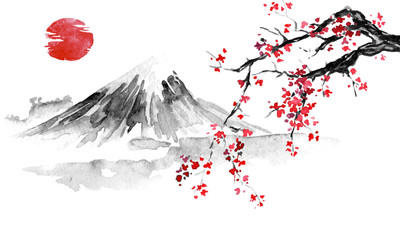japan traditional sumi-e painting. indian ink illustration. japanese picture. sakura, sun and mounta
