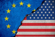 flag of the european union on broken brick wall and half usa united states of america flag, crisis president and europe for europe business customs duties on products tax export and import concept