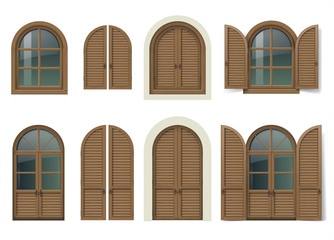 Wall Mural - Vintage wooden window and door with shutters. Mediterranean style. Traditional architecture. Vector graphics. Item set.