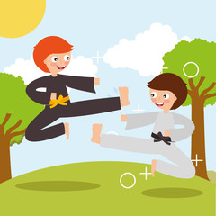 Sticker - little boy training karate martial art sport in landscape vector illustration