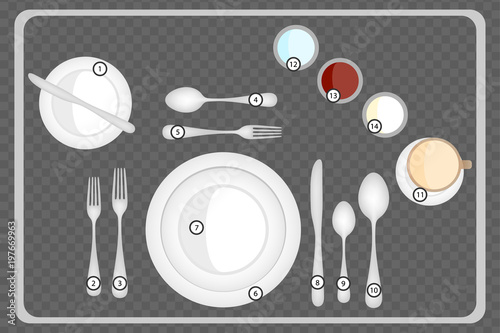 Dinner place setting, Table setting top view. Formal dinner with ... Dinner place setting, Table setting top view. Formal dinner with ...