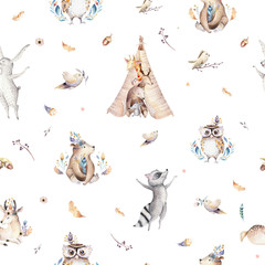 Baby animals nursery isolated seamless pattern with bannies. Watercolor boho cute baby fox, deer animal woodland rabbit and bear isolated illustration for children. Bunny forest image