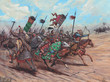 Mongol attack. Medieval knights. Battle illustration. Acrylic painting.