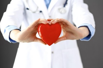 Female doctor with stethoscope holding heart in her arms. Healthcare and cardiology concept  in medicine 