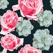 Watercolor succulents and roses seamless pattern. Vintage wallpaper with pink rose hip and succulents on black background. Floral texture for design, textile and background.