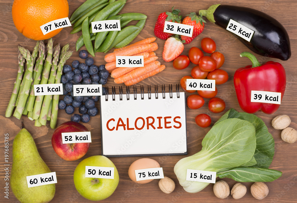 Fruits and vegetables with calories labels - obrazy, fototapety, plakaty 