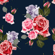 Seamless design pattern arranged from pink, violet and red roses. Beautiful floral print. Floral bunch. Spring mood composition. Black background.