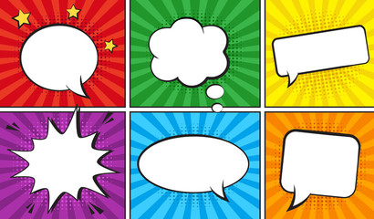 Wall Mural - retro comic empty speech bubbles set on colorful background. vector illustration, vintage design, po