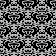  Floral vintage black and white seamless pattern. Vector damask background with doodle striped hand drawn flowers, swirl curve laves, line art tracery ornaments. Isolated texture. For fabric, wallpaper