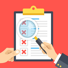 Poster - hand holding checklist clipboard and hand holding magnifying glass. clipboard with x marks, red cros