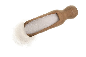 Wall Mural - granulated sugar in wooden spoon isolated on white background. Top view. Flat lay