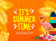 It's Summer Time Let's Have Fun with Flamingo, Surfboard, Flowers, Palm Leaves in Orange Background with Pattern Poster Vector Illustration.
