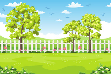 Wall Mural - Summer landscape with trees, flowers and fence