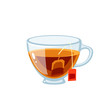 Transparent glass cup full of tea, with tea bag. Vector illustration cartoon flat icon isolated on white.