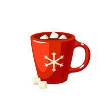 Winter Dessert Beverage. Cup Of Hot Chocolate With Marshmallows. Vector Illustration Cartoon Flat Icon Isolated On White.
