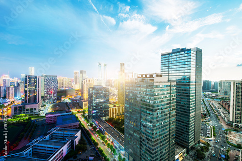 Valokuva Shanghai skyline and cityscape at sunset