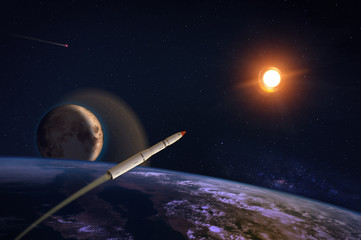 Wall Mural - hypersonic missile or rocket over the apocalyptic earth. a comet runs in the space. elements of this