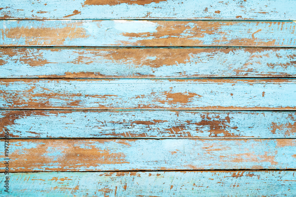 Vintage beach wood background - Old weathered wooden plank painted in blue color. - obrazy, fototapety, plakaty 