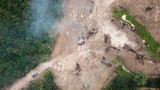 Fototapeta Sawanna - Deforestation - environmental destruction. Rainforest cuting down and burning forest trees
