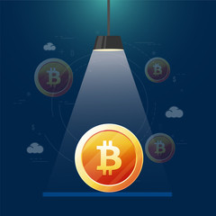 Canvas Print - Golden bitcoin under flash light, cryptocurrencies concept.