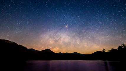 Beautiful landscape mountains and lake in the night with Milky Way background, Chiang mai , Thailand