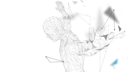 Poster - Conceptual abstract man getting ready to jump. Connected lines, dots, triangles, particles. Artificial intelligence concept. High technology vector, digital background. 3D render vector illustration.