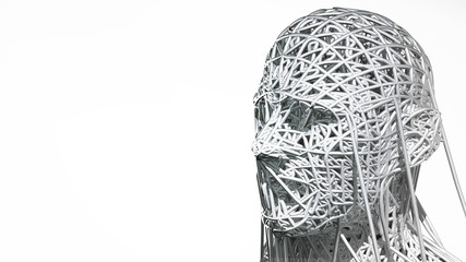 Poster - 3d rendering of cyborg face on white background represent artificial intelligence. Future science, modern technology concept. 3d illustration