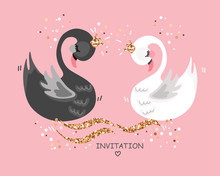 Wedding Illustration With Swans Save The Date Card. Wedding Invitation. Greeting Card. Cartoon Hand Drawn Vector Illustration. 