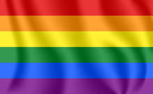 Gay Flag. Waving Flag Of Homosexuality. LGBT Rainbow Flag. Gays, Lesbians, Bisexuals And Transgenders Pride Flag. Queer Symbol.