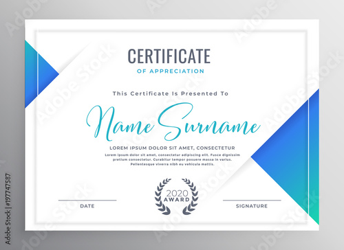 Fotomural minimal blue triangle certificate template design
