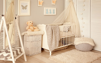 Canvas Print - Baby room interior with crib. House design