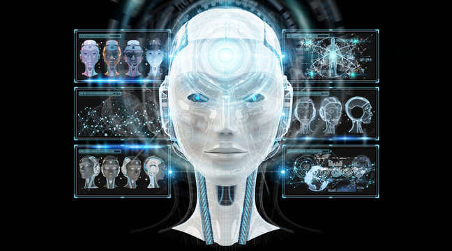 Digital artificial intelligence cyborg interface 3D rendering
