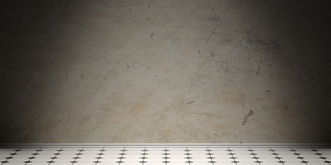 Wall Mural - Retro white and black ceramic tiles floor, old grey cement wall and white skirting, copy space. 3d illustration
