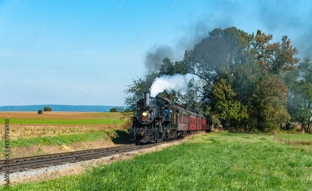Steam Engine and Passenger Train - obrazy, fototapety, plakaty 