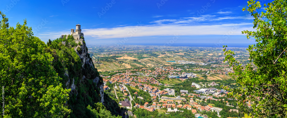 Obraz na płótnie Beautiful Panorama of San Marino and Italy from Monte Titano Mountain. Fortress Guaita is the most famous tower of San Marino. w salonie