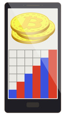 bitcoin coins with growth graph on a phone screen