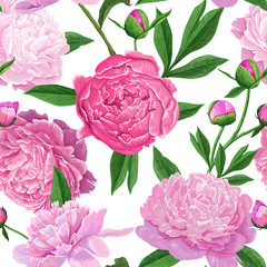 Wall Mural - Floral Seamless Pattern with Pink Peony Flowers. Spring Blooming Flowers Background for Fabric, Prints, Wedding Decoration, Invitation, Wallpapers. Vector illustration