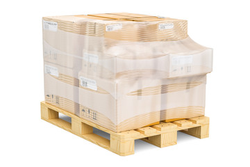 Poster - Wooden pallet with parcels wrapped in the stretch film, 3D rendering