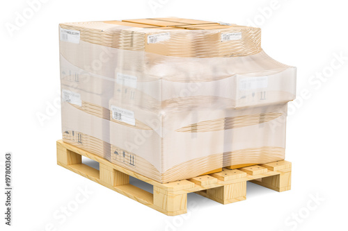 Fotografía Wooden pallet with parcels wrapped in the stretch film, 3D rendering