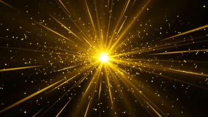 Poster - Golden beams of light with particles go from center. Seamless loop abstract background for holiday and celebration. Gold magic sparkles.