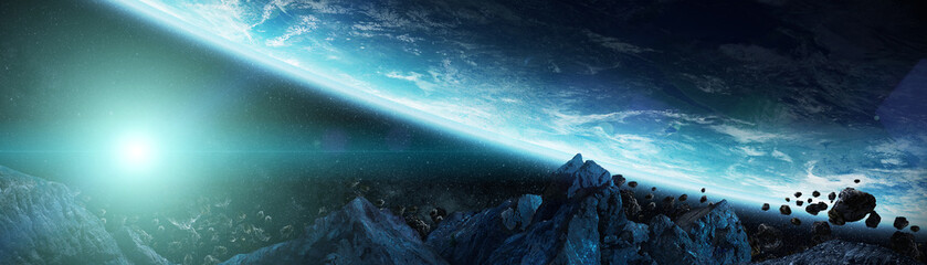 Wall Mural - panoramic view of planet earth with asteroids flying close 3d rendering elements of this image furni