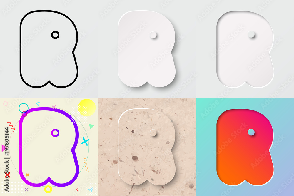 R Rounded Lettering vector illustration set of cute bold rounded letter r with outline, 3d ...