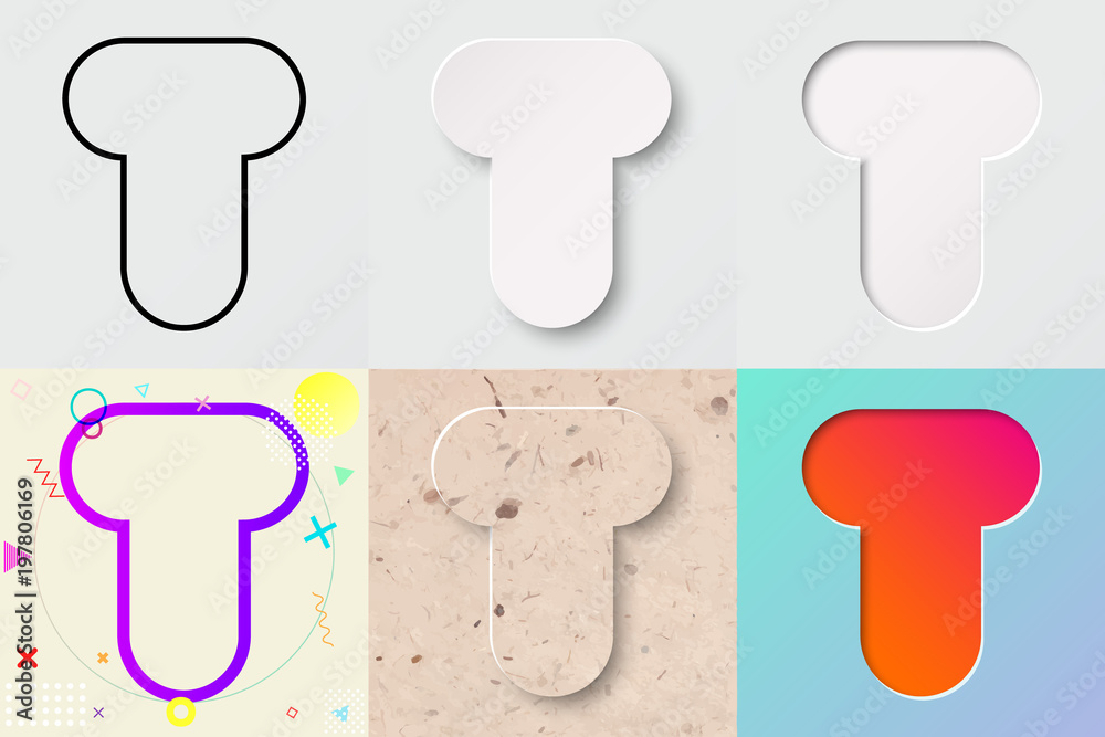 vector illustration set of cute bold rounded letter t with outline, 3d ...