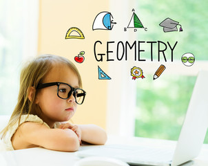 Wall Mural - Geometry text with little girl using her laptop