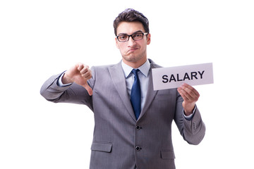 Businessman asking for salary increase isolated on white backgro